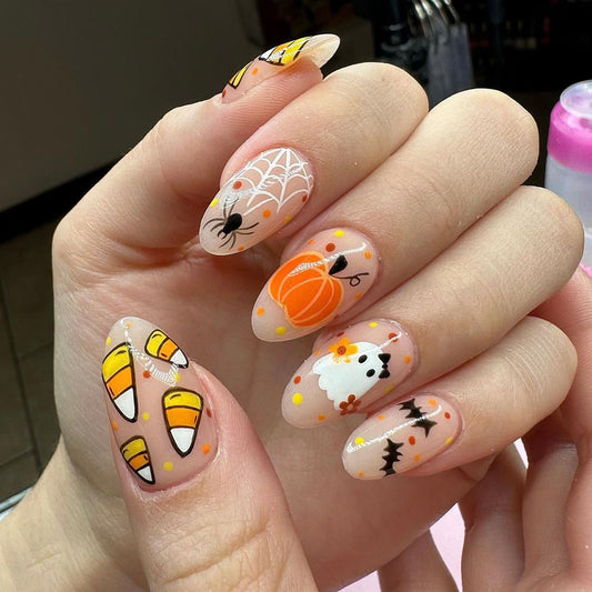 Autumn Splendor Long Almond Peach Press On Nail Set with Halloween Accents and Glitter Detail