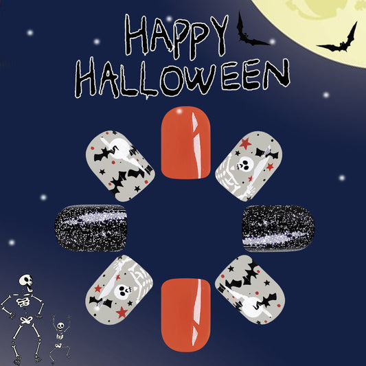 Spooky Elegance Short Square Orange and Black Halloween Themed Press On Nail Set with Glitter Accents and Festive Patterns