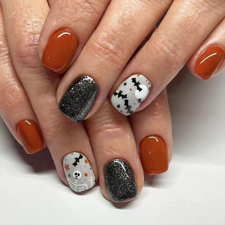 Spooky Elegance Short-Length Square Halloween-Themed Glitter and Gloss Press On Nail Set in Orange, Black, and White