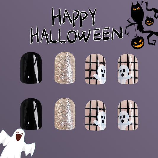 Spooky Season Short Square Black and Beige Glitter Ghost-Themed Press On Nail Set