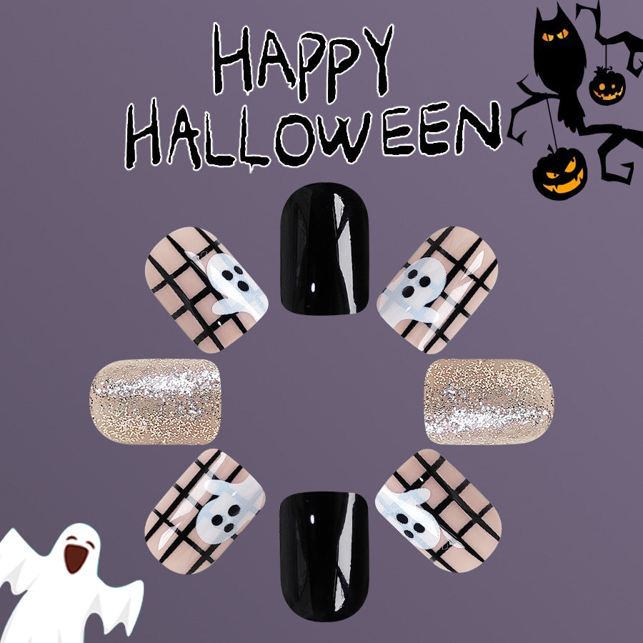Spooky Elegance Short Length Square Shaped Black Beige Glitter Ghost Theme Press On Nail Set