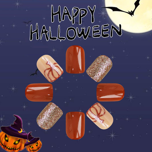 Spooky Elegance Short Square Orange Glitter Accented Press On Nail Set for Halloween Festivities