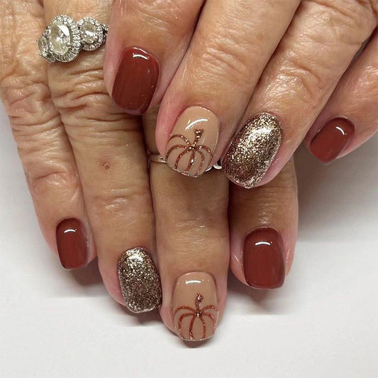 Elegant Autumn Short-Length Square Press On Nail Set in Burgundy and Beige with Glitter Accents and Pumpkin Art Design