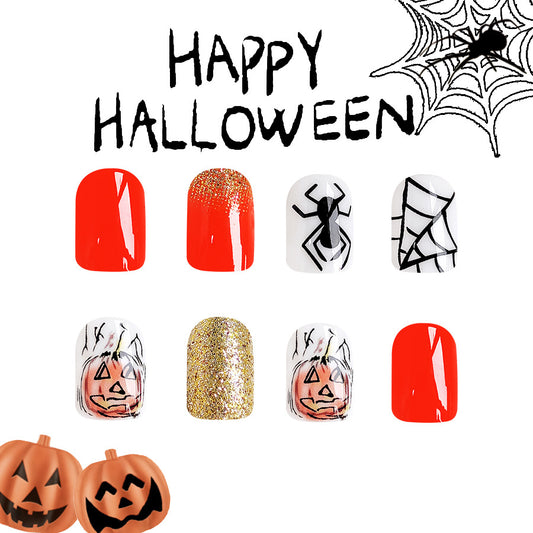Spooky Elegance Short Square Halloween Press On Nail Set with Red, White Glitter, and Pumpkin Design Features