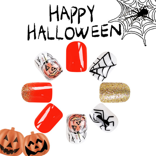 Spooky Elegance Short Square Red, White, and Glitter Halloween Press On Nail Set with Spider and Pumpkin Designs