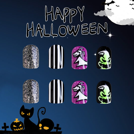 Spooky Elegance Short Oval Black And Purple Glitter Halloween Theme Press On Nail Set With Glow In The Dark Accents