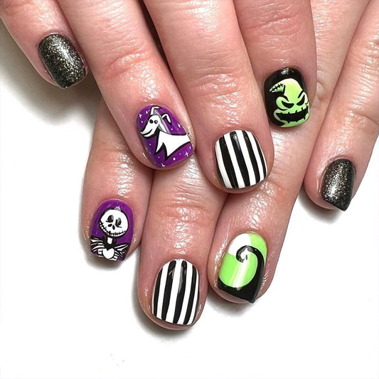 Spooky Elegance Short Oval Shaped Multicolored Press On Nail Set With Glow In The Dark Accents