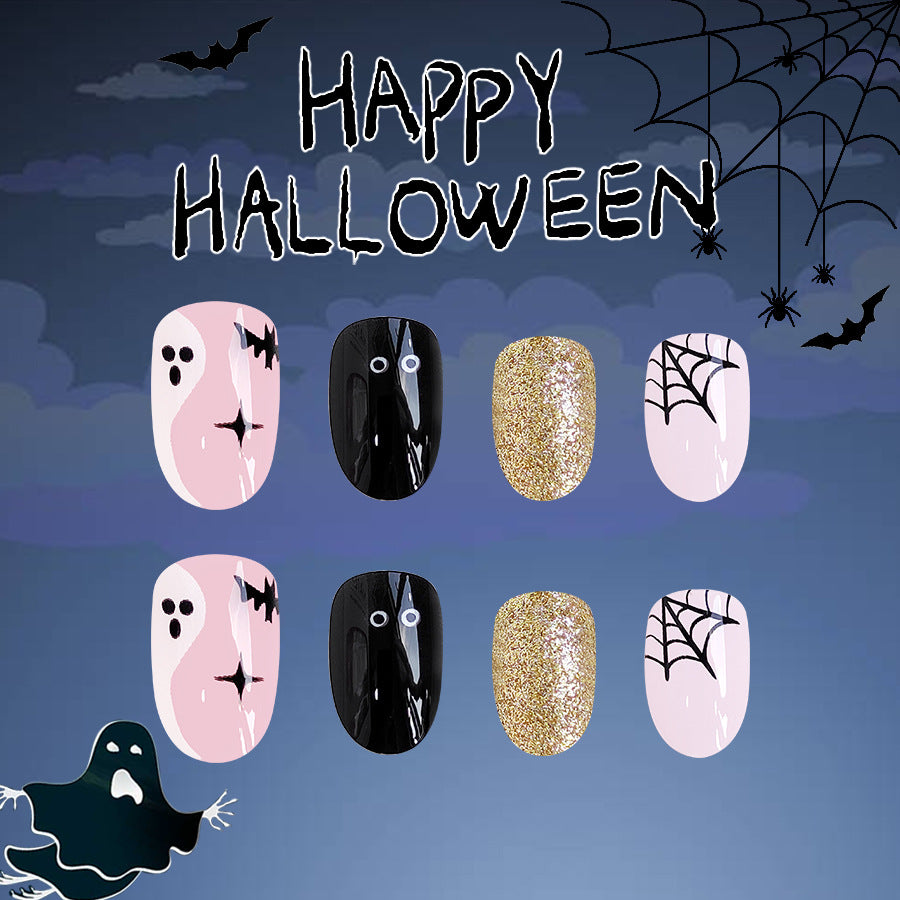 Spooky Elegance Medium Almond Black Pink Gold Glitter Press On Nail Set with Ghost and Spider Web Accents