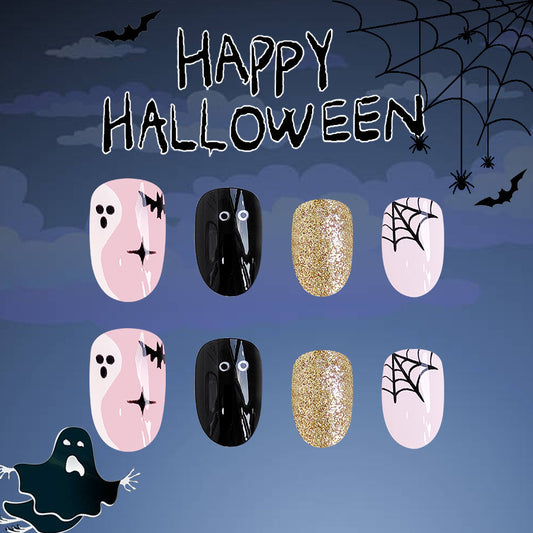 Spooky Elegance Medium Almond Black Pink Gold Glitter Press On Nail Set with Ghost and Spider Web Accents