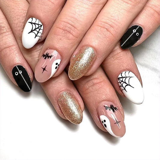 Spooky Elegance Medium Almond Black White Pink Glitter Press On Nail Set with Unique Halloween-Themed Designs