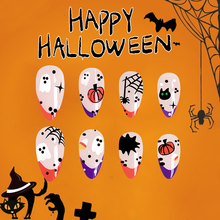 Spooky Spectacle Long Almond Multicolor Halloween Press-On Nail Set with Festive Patterns