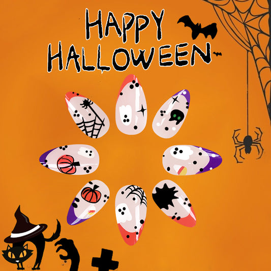 Spooky EleganceLong Almond Multicolor Halloween Press On Nail Set with Spooky Prints