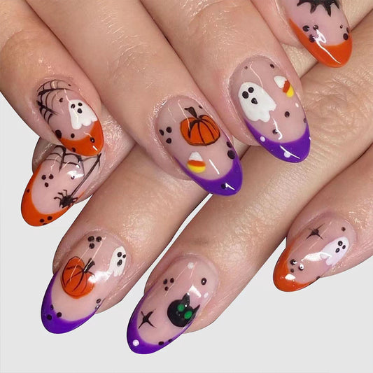 Spooky Elegance Long Almond Multicolor Halloween Themed Press On Nail Set with Ghost and Pumpkin Accents