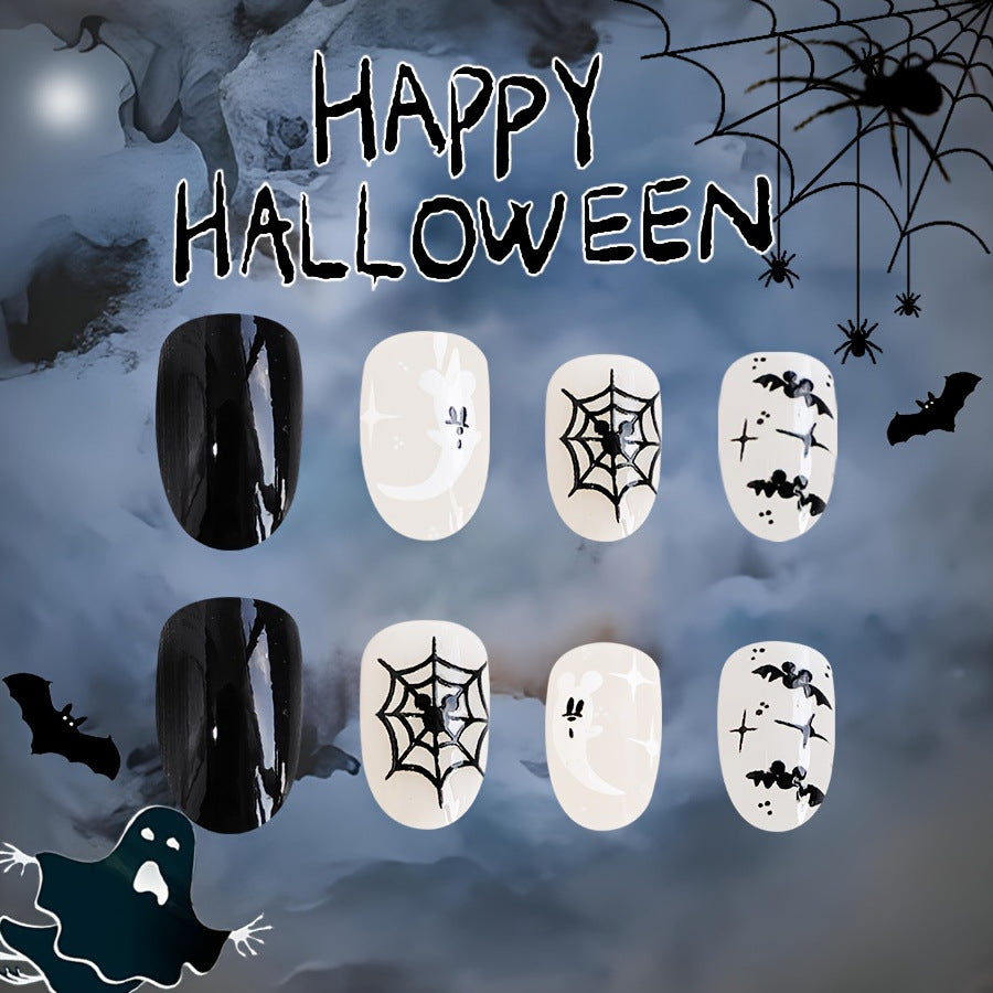 Spooky Spirit Halloween Themed Short Oval Black and White Press on Nails with Ghost and Spider Web Art Design