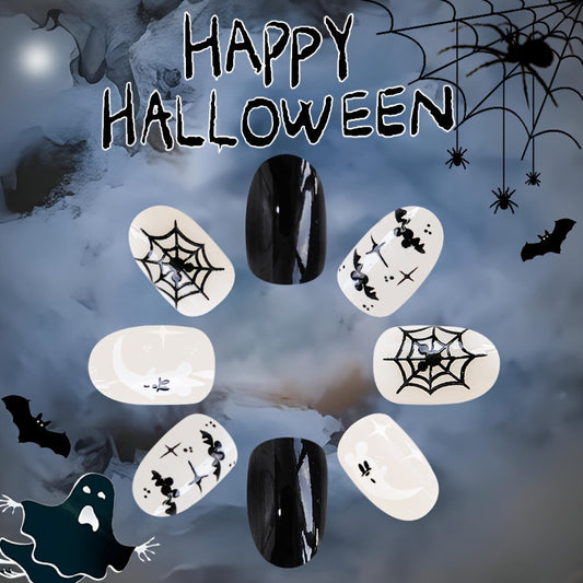 Spooky Elegance Short Oval Black and White Halloween Press On Nail Set with Spider Web Design