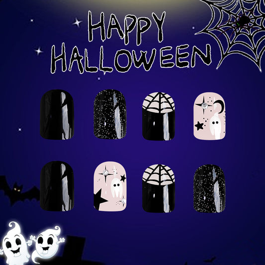 Spooky Elegance Short Square Black and Pink Press On Nail Set with Halloween Glitter Accents and Ghostly Designs