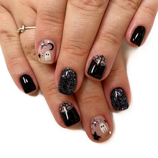 Spooky Charm Short-length Square Black and Pink Glitter Accented Press On Nail Set with Ghost and Spider Web Design