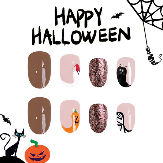 Spooky Halloween Medium Oval Press On Nails in Brown, Pink and Glitter with Festive Holiday Patterns