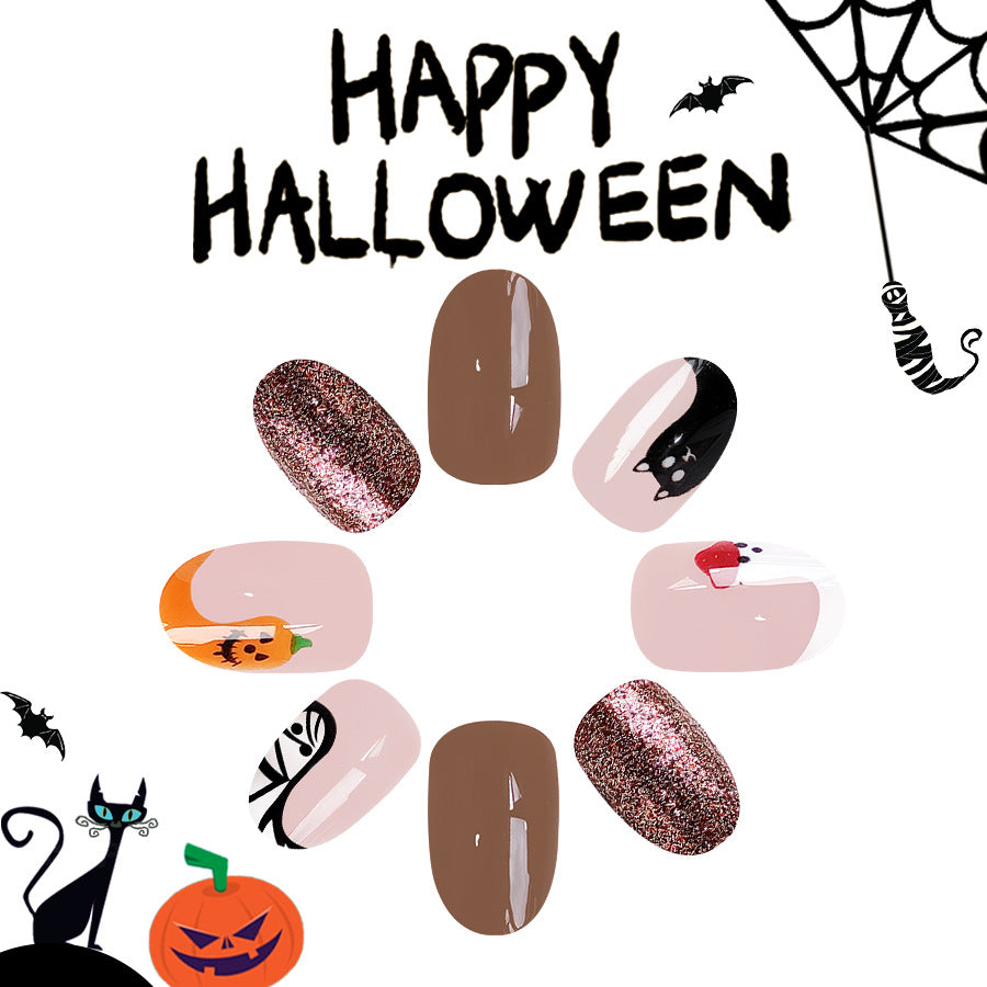 Spooky Elegance Medium Oval Multicolor Halloween-Themed Press-On Nail Set with Glitter Accents and Playful Designs