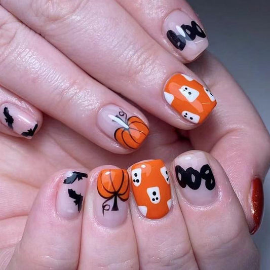 Spooky Spectacle Halloween Themed Short Square Orange and Black Press-On Nail Set with Bat and Ghost Accents