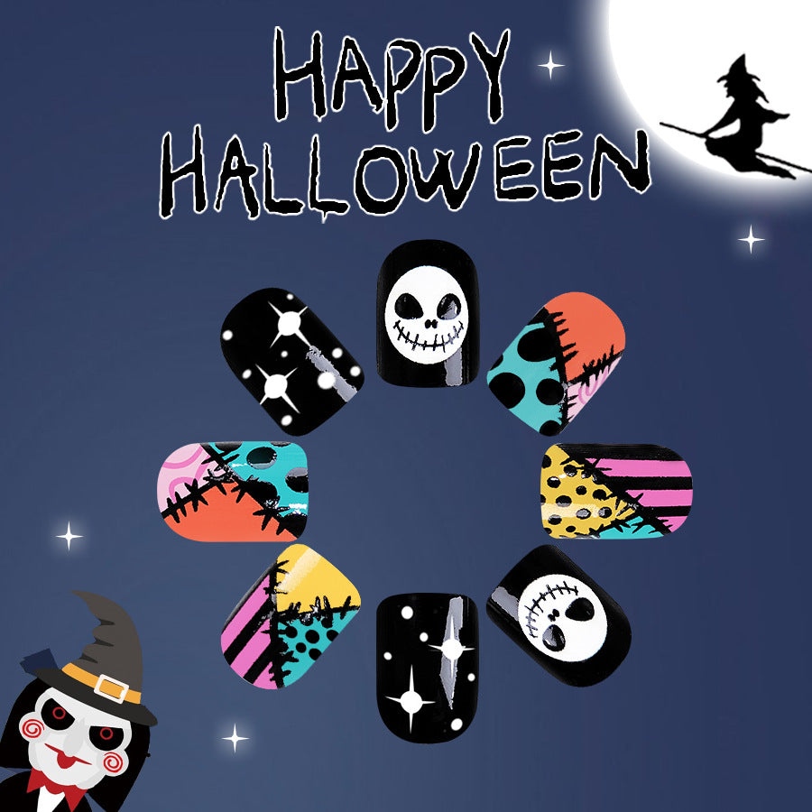 Spooky Elegance Short Oval Multicolor Halloween Themed Press On Nail Set With Glow In The Dark Accents