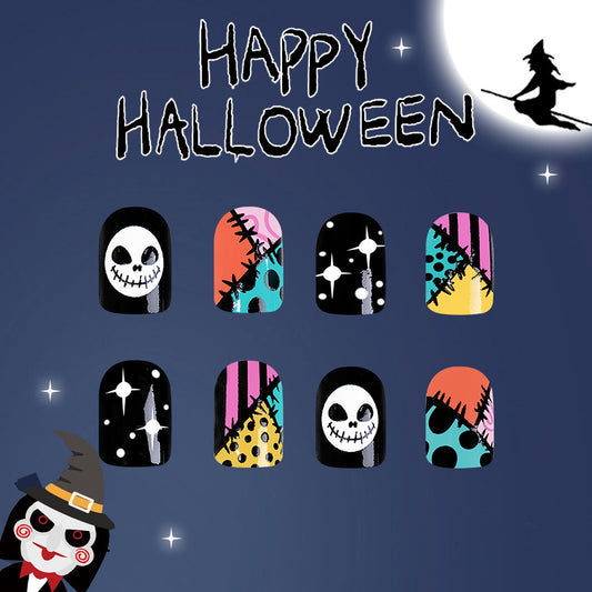 Spooky Halloween Short Oval Multi Color Press On Nail Set With Glow In The Dark Accents