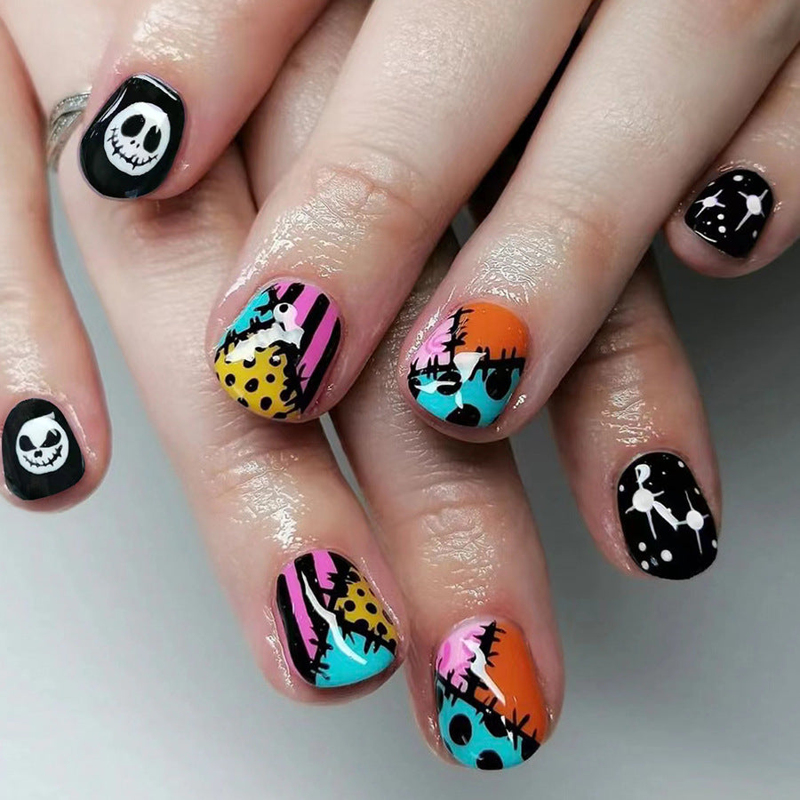 Spooky Elegance Short Oval Multicolor Cartoon Character Press On Nail Set With Glossy Finish