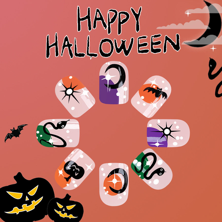 Spooky Halloween Themed Short-Length Oval Press On Nail Set in Multicolor with Festive Designs