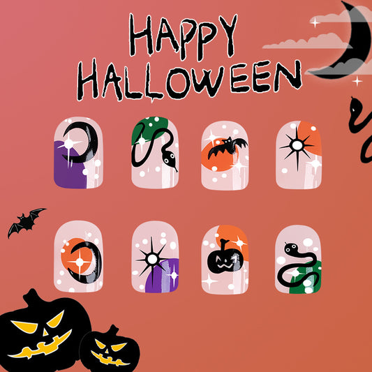 Spooky Elegance Short Oval Multicolor Halloween Press On Nail Set with Festive Patterns
