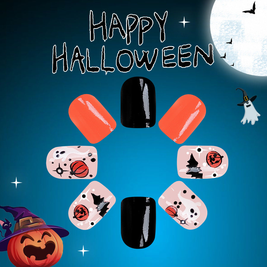 Spooky Chic Halloween Short Length Oval Press On Nail Set in Black and Orange with Ghost and Pumpkin Accents