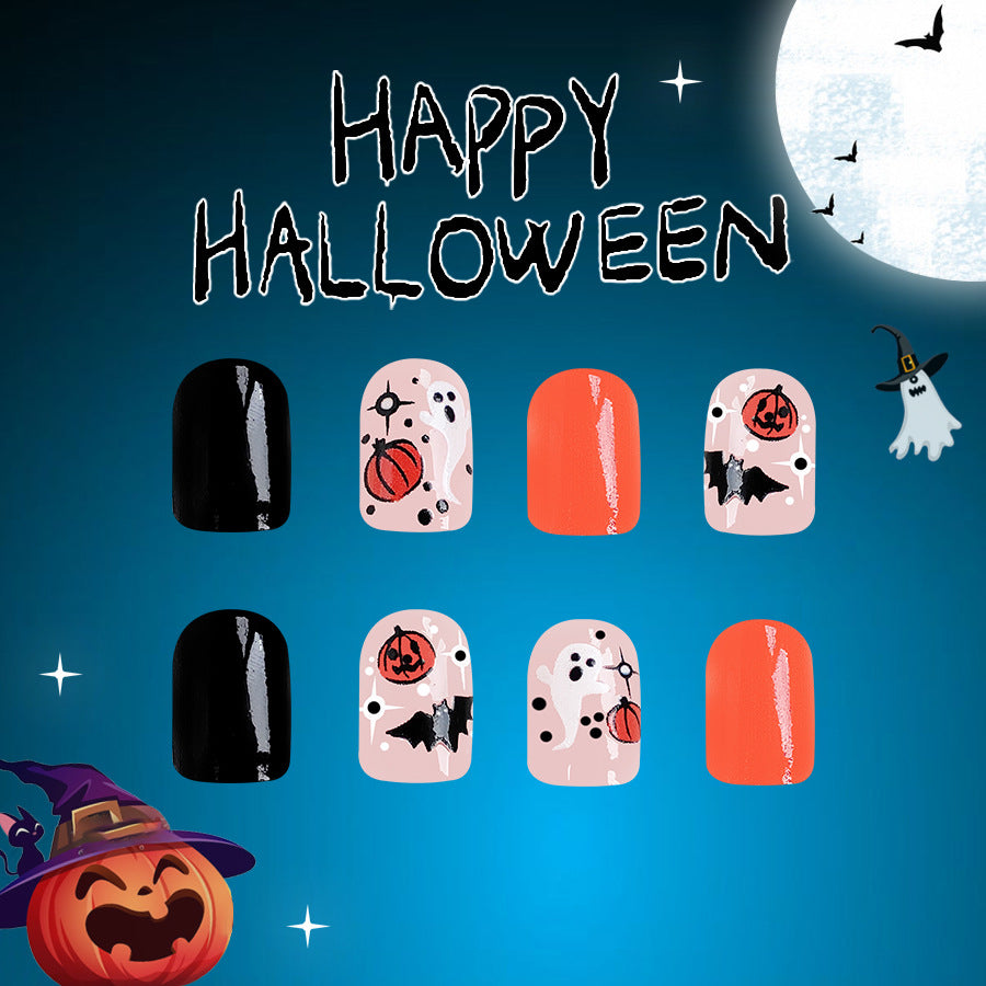 Spooky Elegance Short Oval Black Orange Halloween-Themed Press On Nail Set with Festive Designs