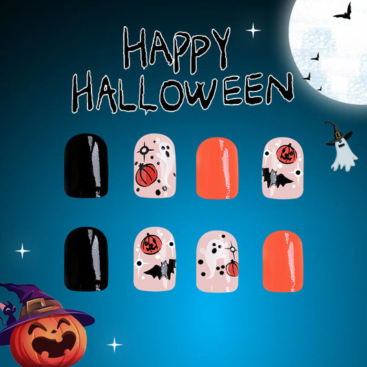 Spooky Elegance Short Oval Black Orange Halloween-Themed Press On Nail Set with Festive Designs