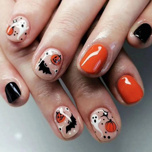 Spooky Elegance Short-Length Oval Black and Orange Halloween-Themed Press On Nail Set with Ghost and Pumpkin Designs