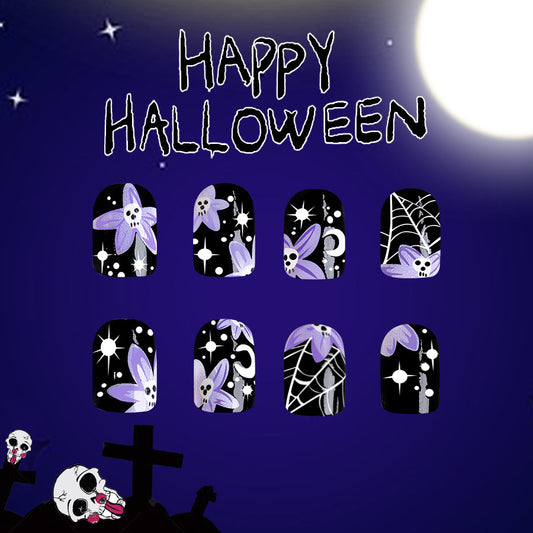 Spooky Elegance Short Square Black Press On Nail Set with Purple Accents and Halloween Themed Designs