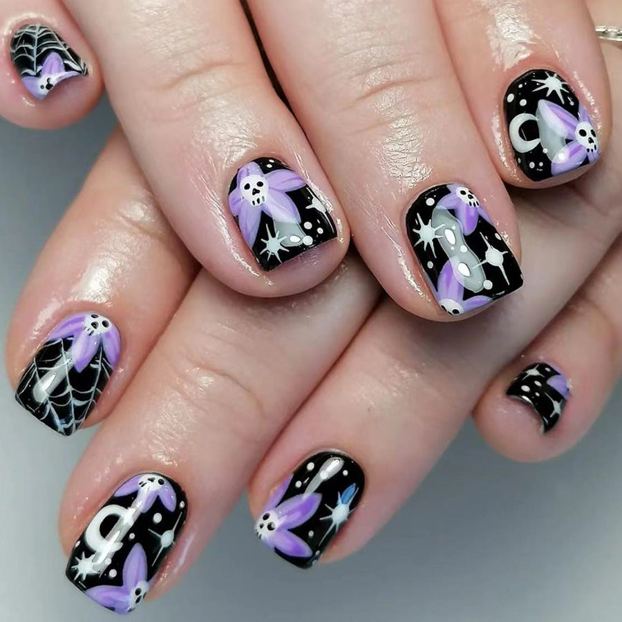 Spooky Elegance Short Square Black Press On Nail Set with Purple Ghost Accents and Sparkles