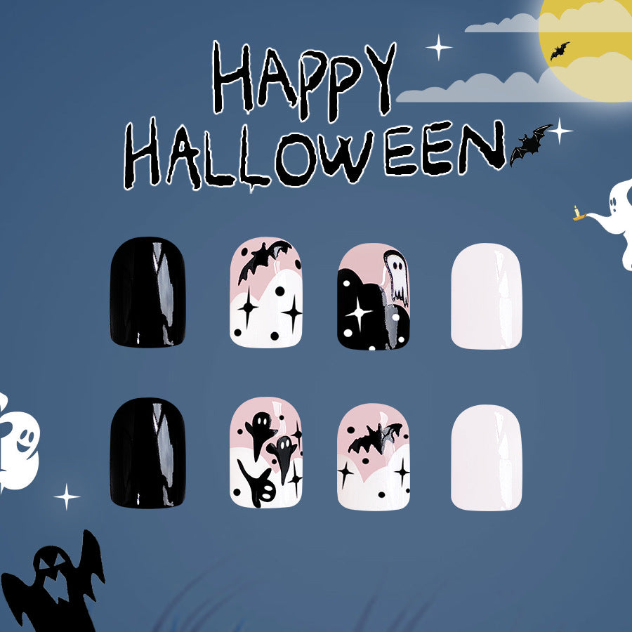 Spooky Elegance Short Oval Black Pink Ghost Design Press On Nail Set