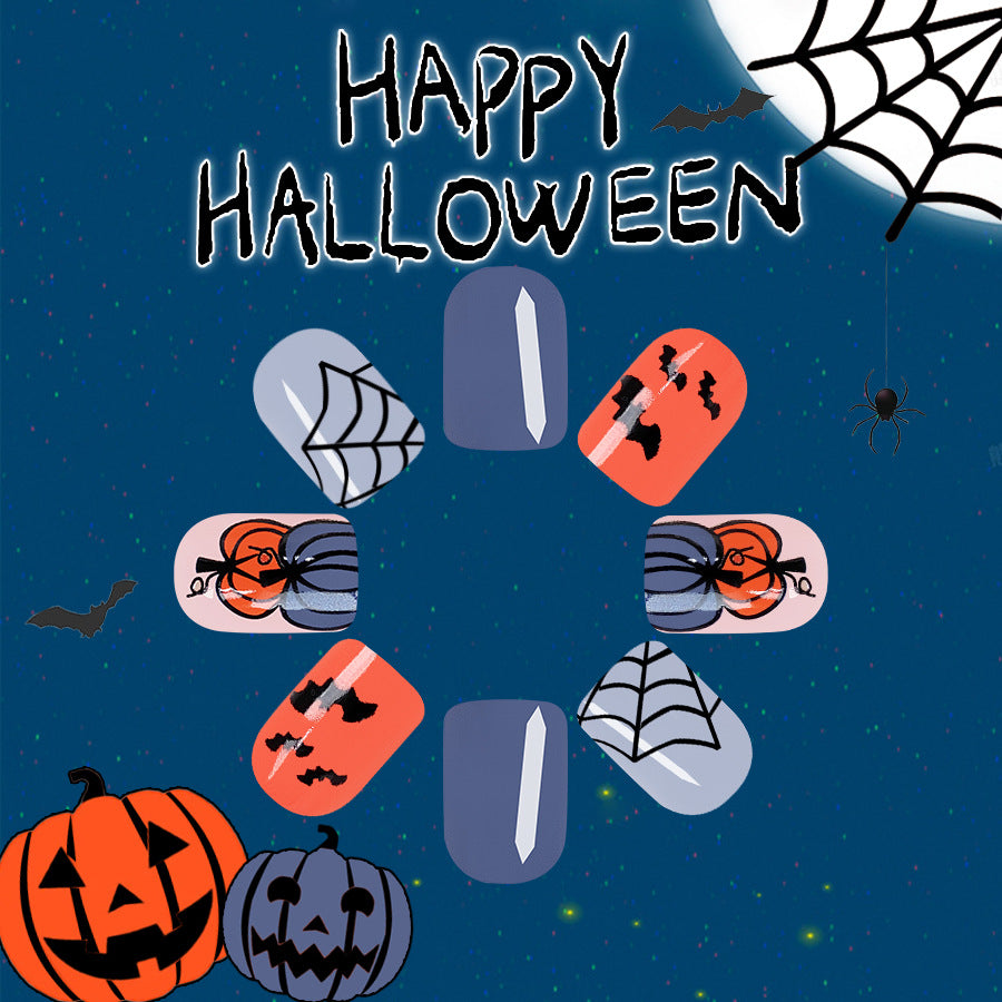 Spooky Elegance Short Square Grey and Orange Halloween Themed Press On Nails with Spider and Web Accents