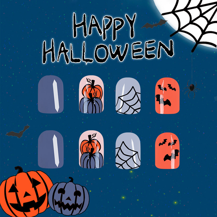 Spooky Elegance Short Square Halloween Themed Press On Nail Set, Midnight Black and Pumpkin Orange with Spider Web Accents
