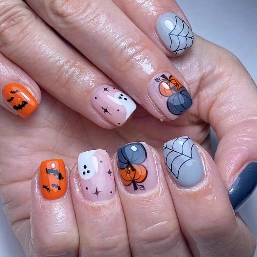 Spooky Elegance Short-Length Square Press On Nail Set in Halloween Orange, Ghostly White, Grey and Spider-Themed Design