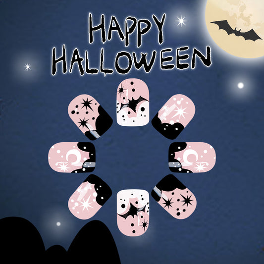 Spooky Nights Short Oval Pink and Black Press On Nails with Celestial and Bat Designs