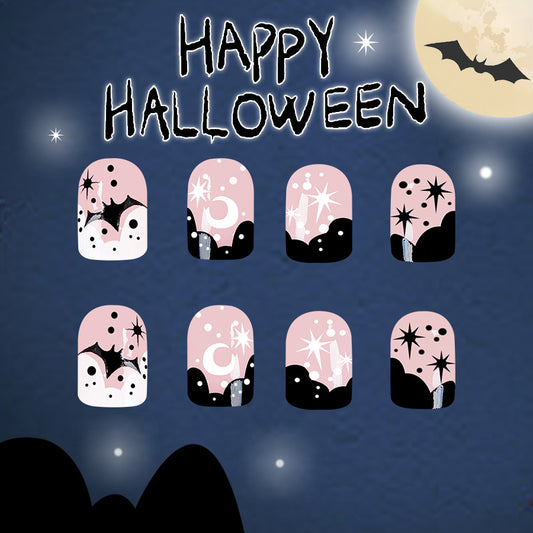 Enchanted Halloween Short Oval Pink Press On Nails with Glittery Bat Accents