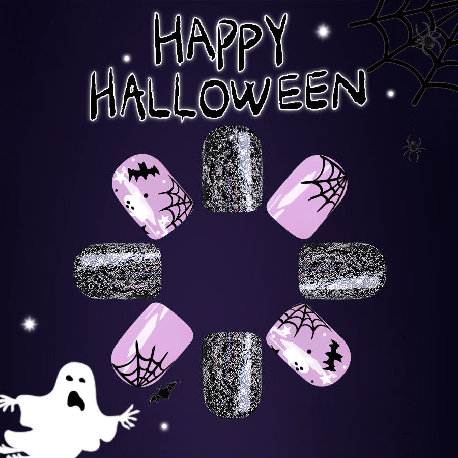 Spooky Halloween Short Square Black and Purple Glitter Press-On Nails with Spider Web Design