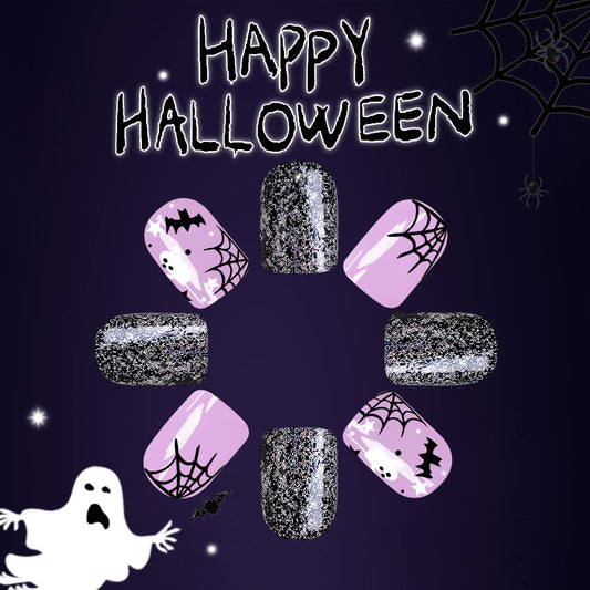Spooky Halloween Short Square Black and Purple Glitter Press-On Nails with Spider Web Design