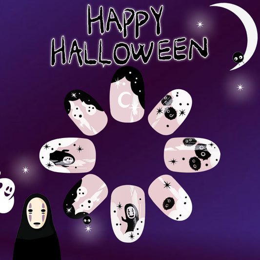 Spooky Halloween Long Oval Pale Pink Press On Nail Set With Ghost And Spider Accents