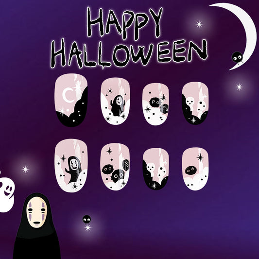 Spooky Elegance Long Oval Black And Pink Halloween Press On Nail Set With Ghost Design