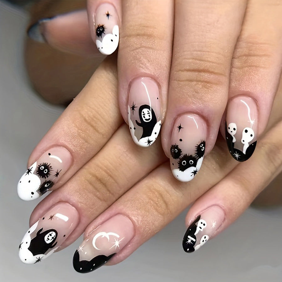 Midnight Magic Long Oval Black And White Press On Nail Set With Celestial Ghost Design