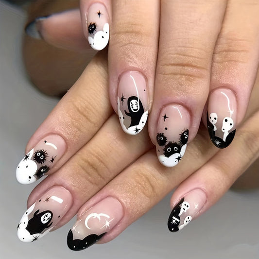 Midnight Magic Long Oval Black And White Press On Nail Set With Celestial Ghost Design