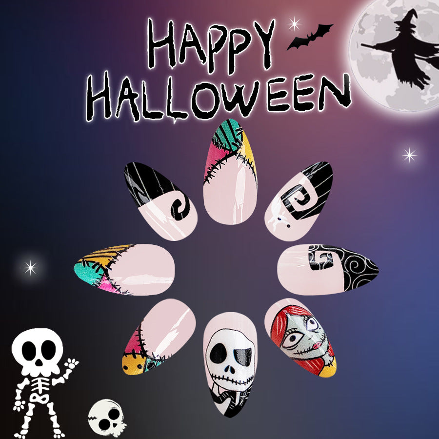 Spooky Elegance Medium Oval Multi Colored Halloween Themed Press On Nail Set With Unique Character Art Design