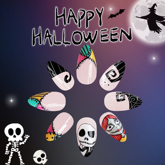 Spooky Elegance Medium Oval Multi Colored Halloween Themed Press On Nail Set With Unique Character Art Design