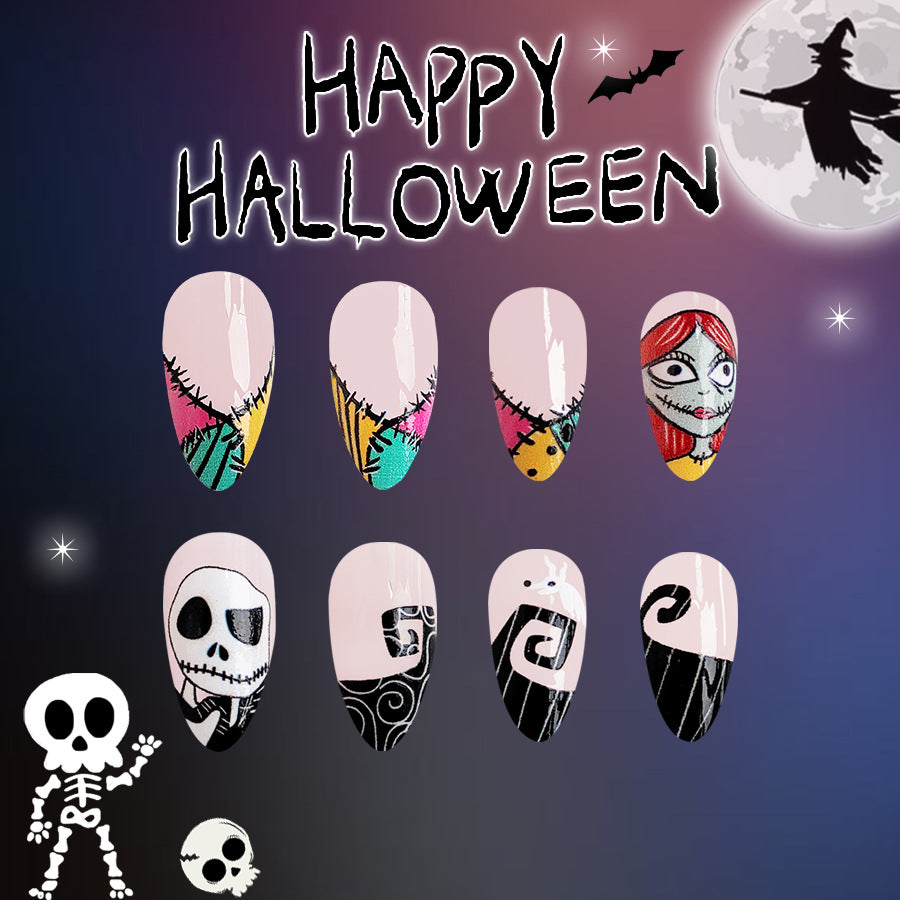 Spooky Elegance Medium Oval Multicolor Halloween Press On Nail Set With Character Artwork Designs